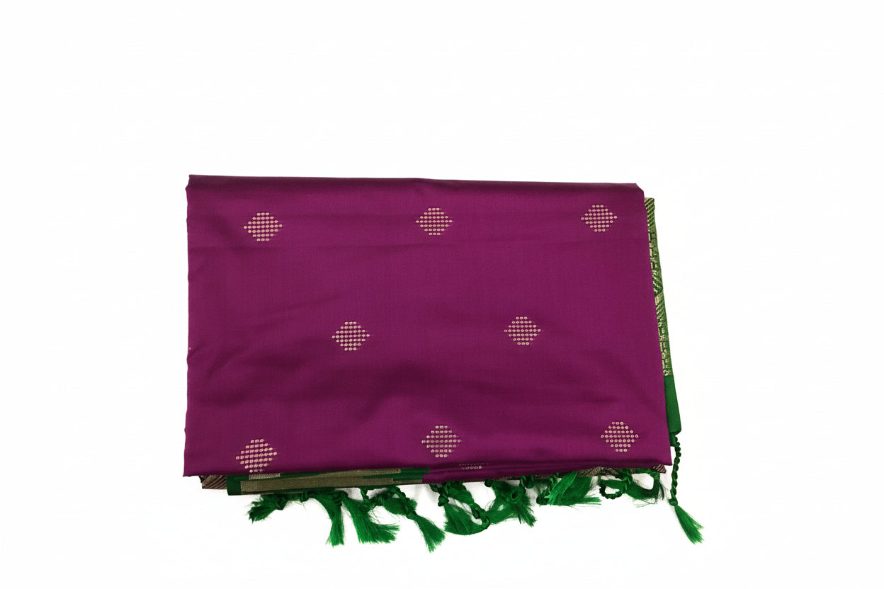 Deep Magenta Emerald Green Silk Saree Gold Zari Diamond Buttas