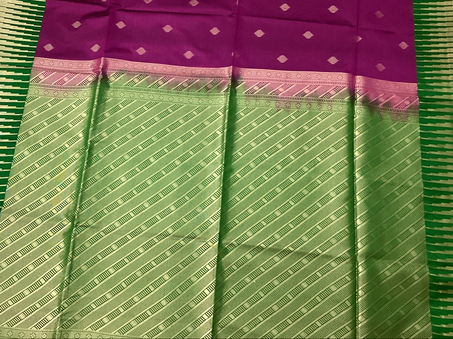 Deep Magenta Emerald Green Silk Saree Gold Zari Diamond Buttas