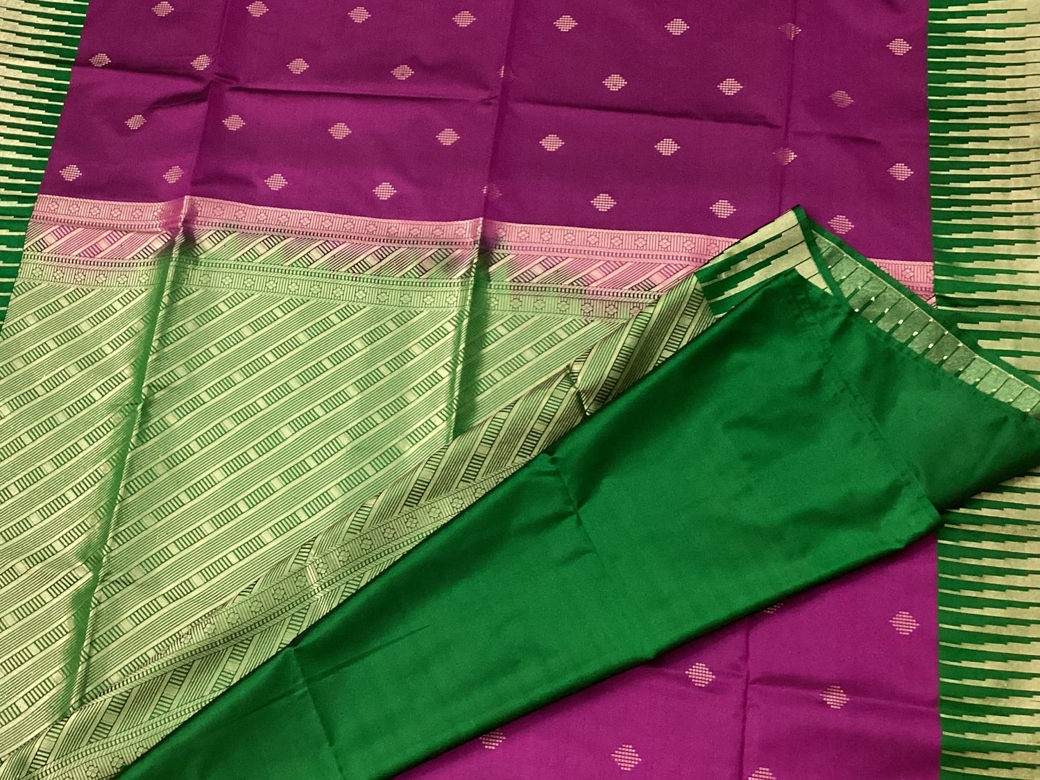 Deep Magenta Emerald Green Silk Saree Gold Zari Diamond Buttas