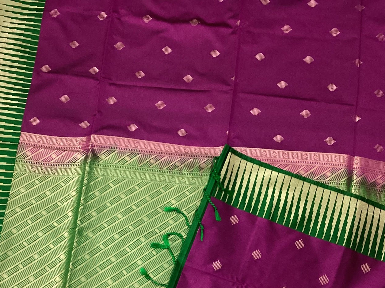 Deep Magenta Emerald Green Silk Saree Gold Zari Diamond Buttas