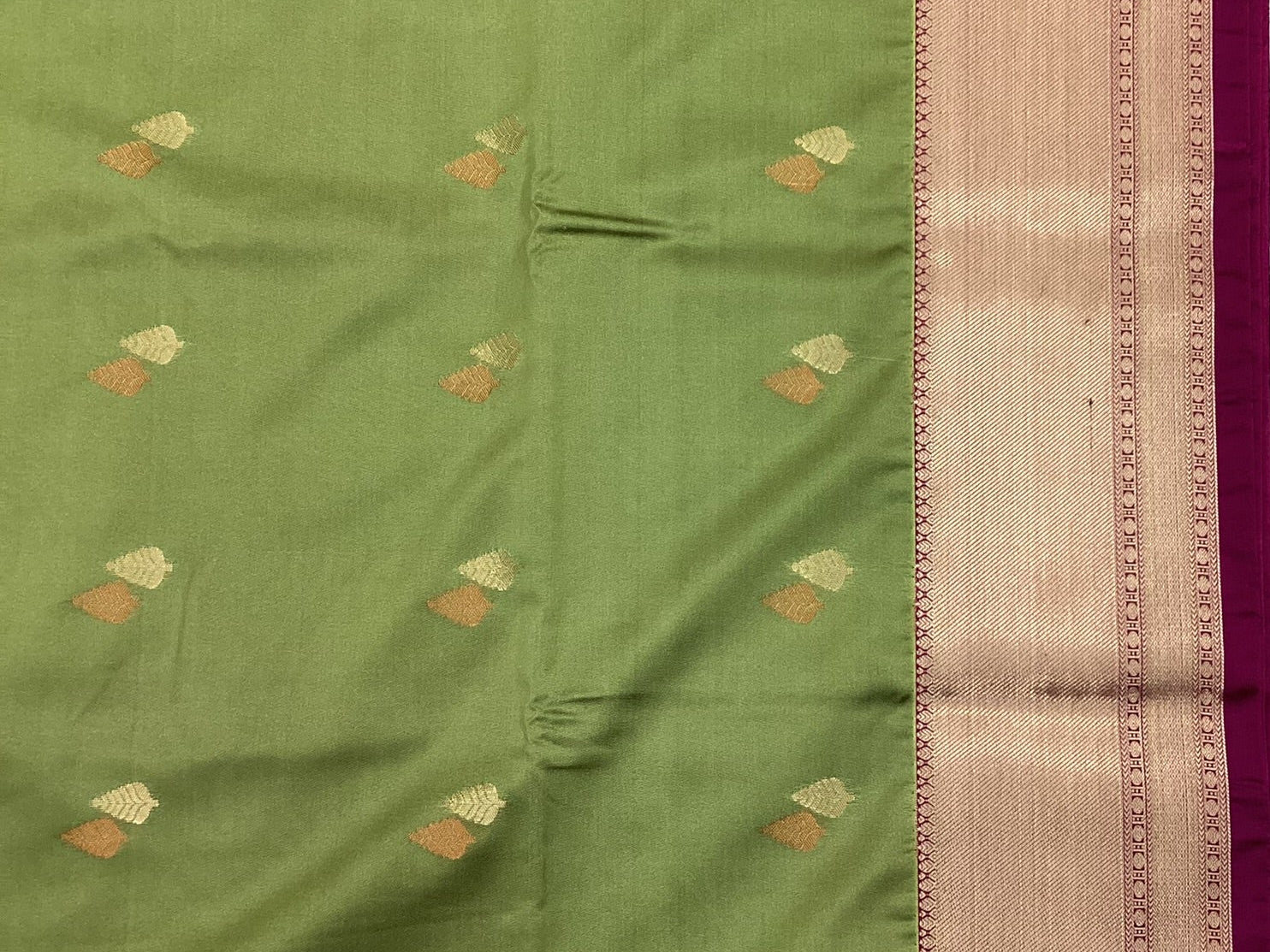 Olive Green Magenta Silk Saree With Rose Gold Zari Border