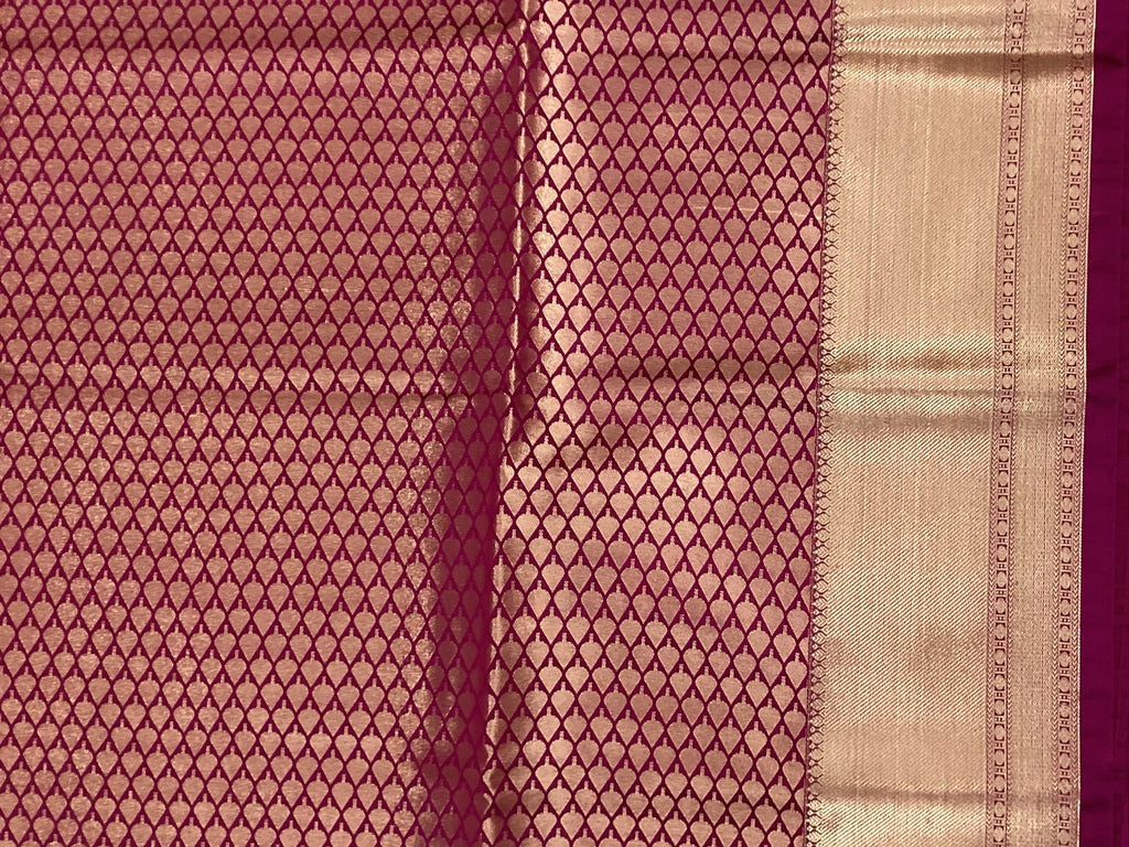 Olive Green Magenta Silk Saree With Rose Gold Zari Border