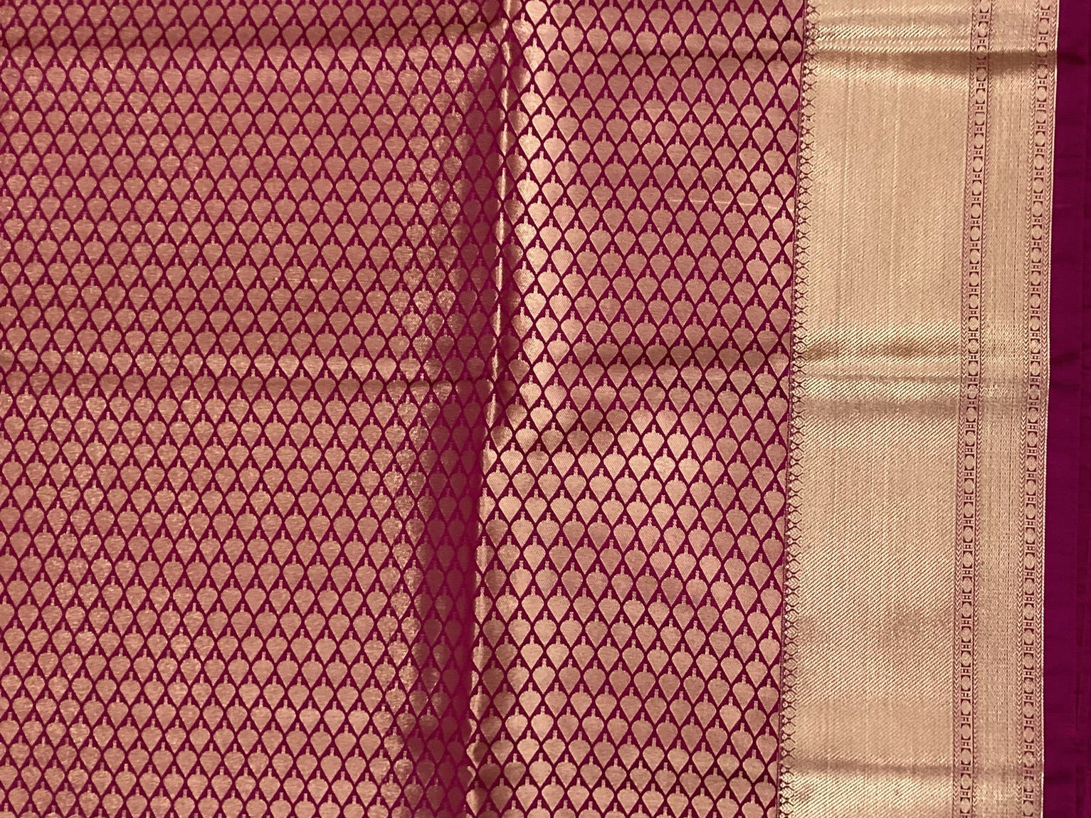 Olive Green Magenta Silk Saree With Rose Gold Zari Border