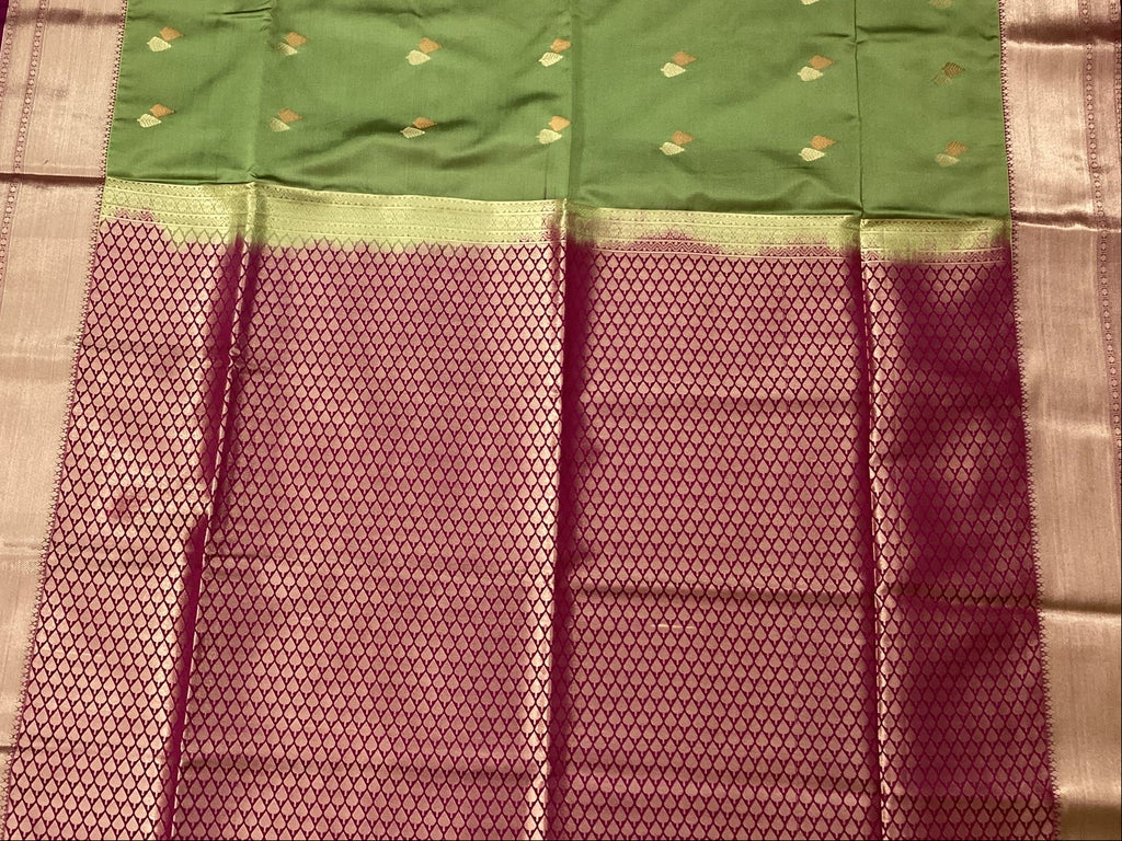 Olive Green Magenta Silk Saree With Rose Gold Zari Border