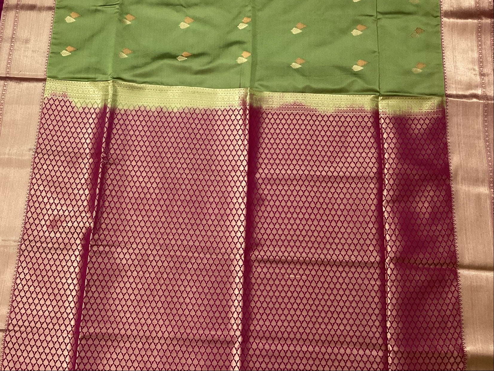 Olive Green Magenta Silk Saree With Rose Gold Zari Border