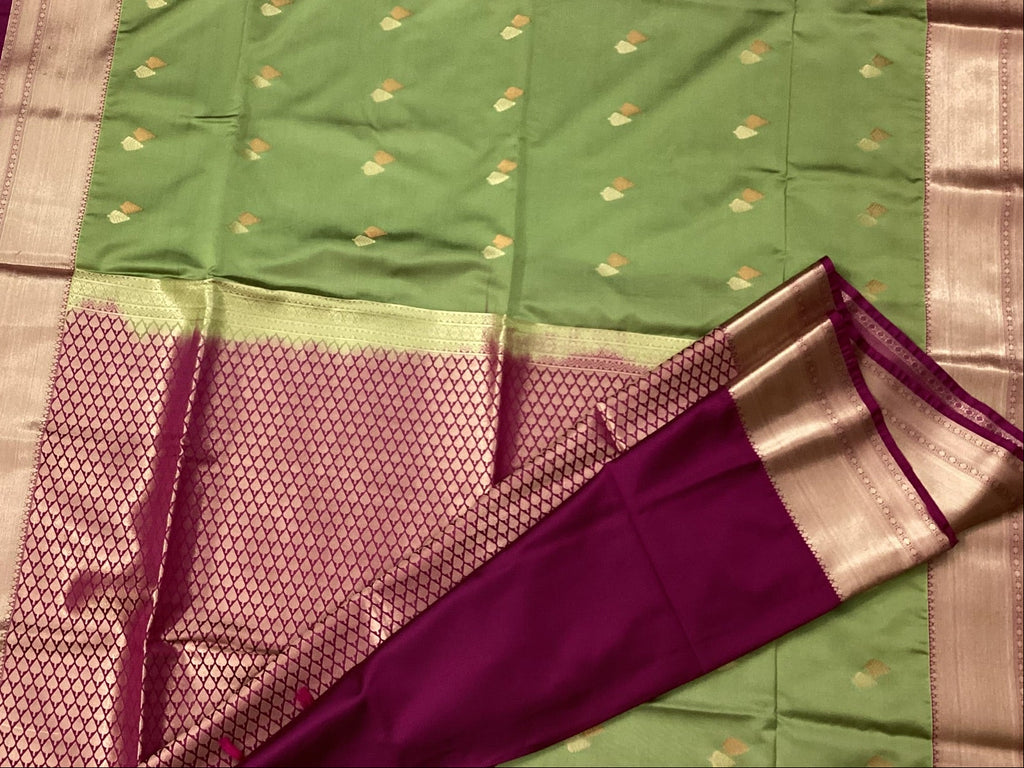 Olive Green Magenta Silk Saree With Rose Gold Zari Border