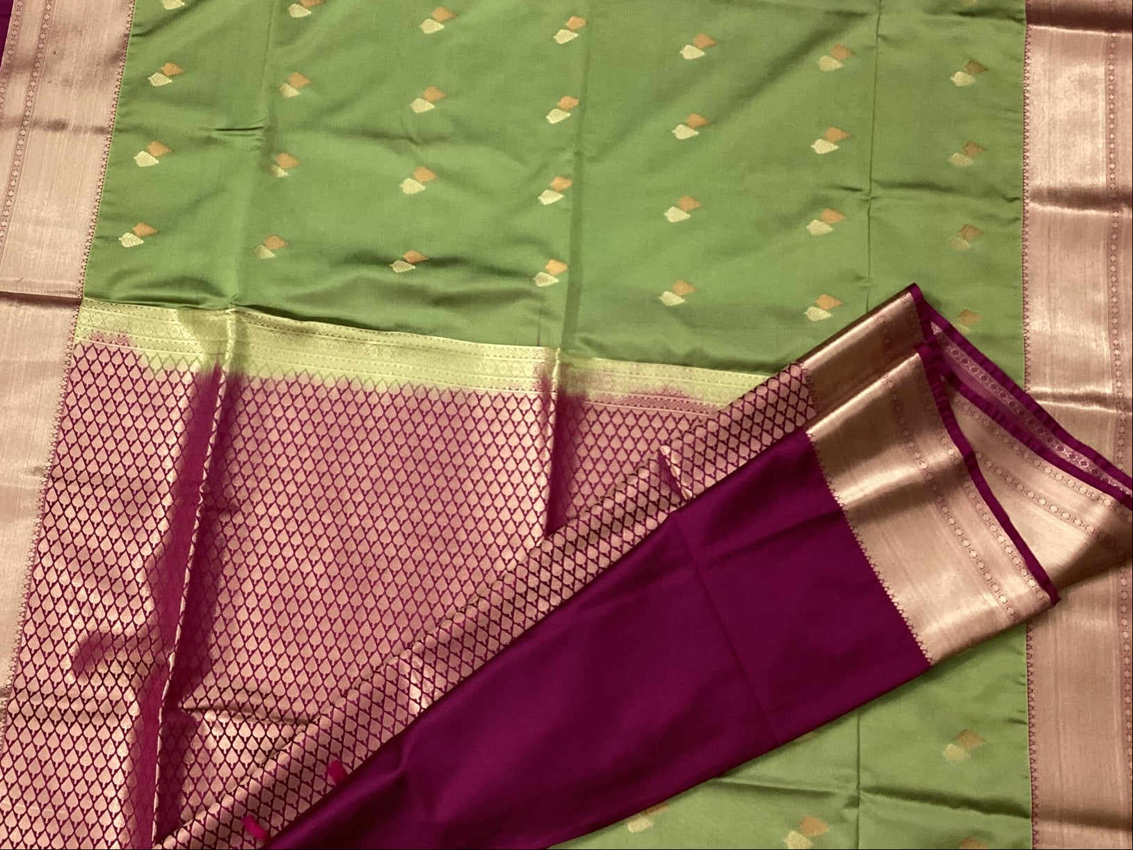 Olive Green Magenta Silk Saree With Rose Gold Zari Border