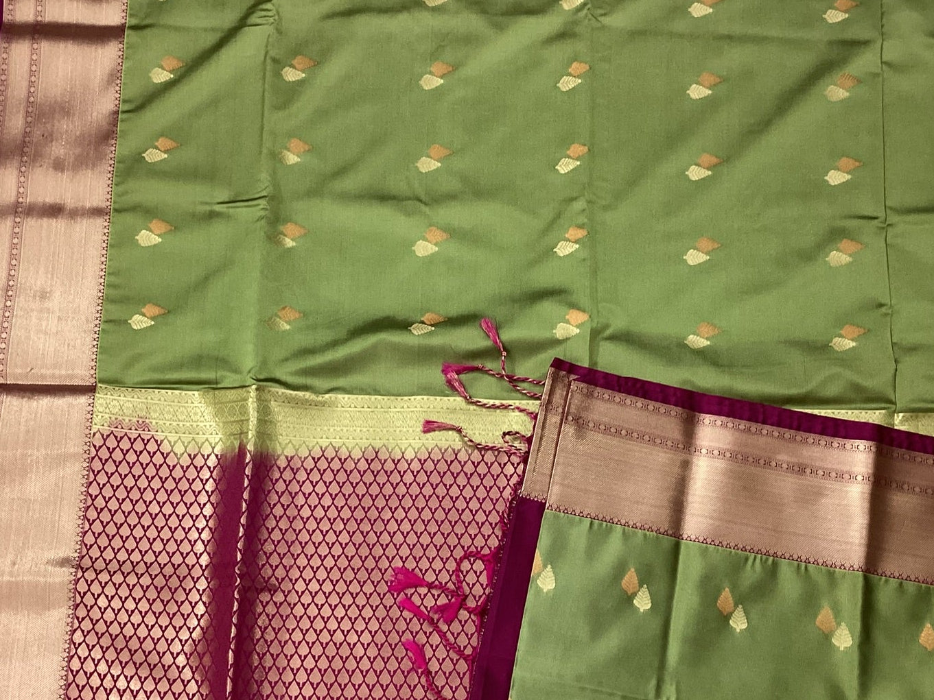 Olive Green Magenta Silk Saree With Rose Gold Zari Border
