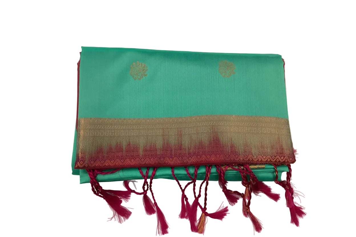 Aqua Green Silk Saree with Magenta Pallu and Gold Border