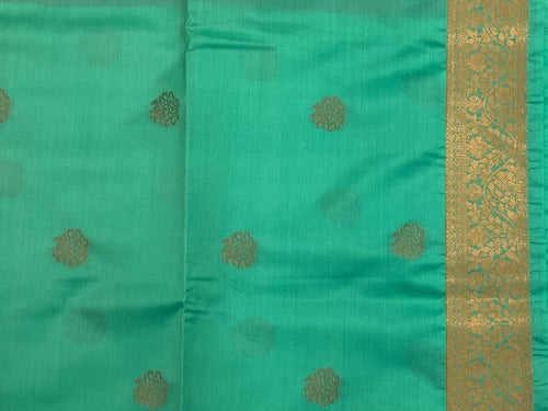 Aqua Green Silk Saree with Magenta Pallu and Gold Border