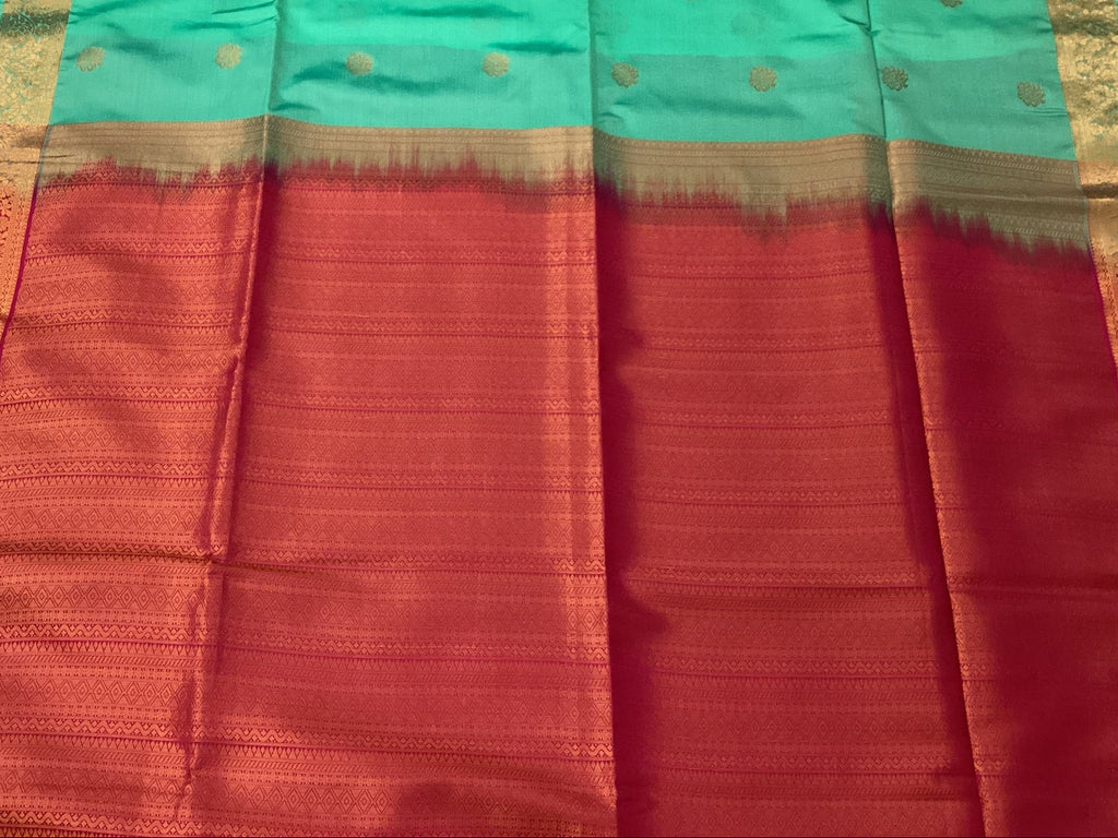 Aqua Green Silk Saree with Magenta Pallu and Gold Border