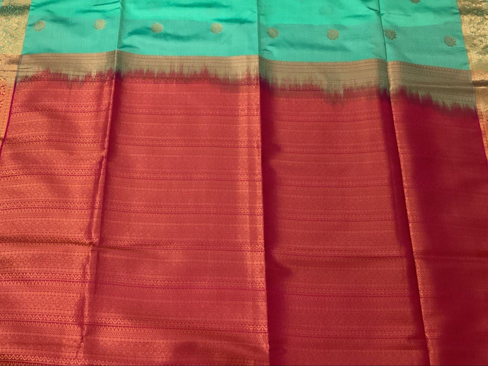 Aqua Green Silk Saree with Magenta Pallu and Gold Border