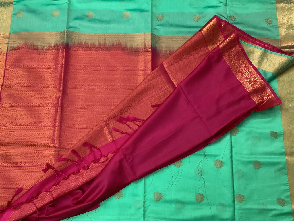Aqua Green Silk Saree with Magenta Pallu and Gold Border