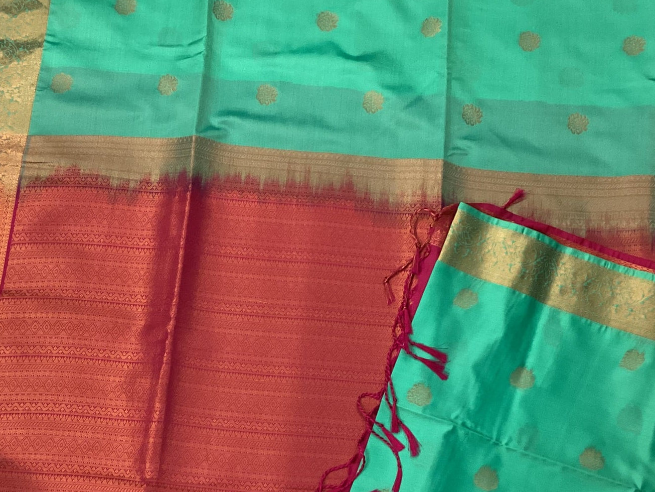 Aqua Green Silk Saree with Magenta Pallu and Gold Border