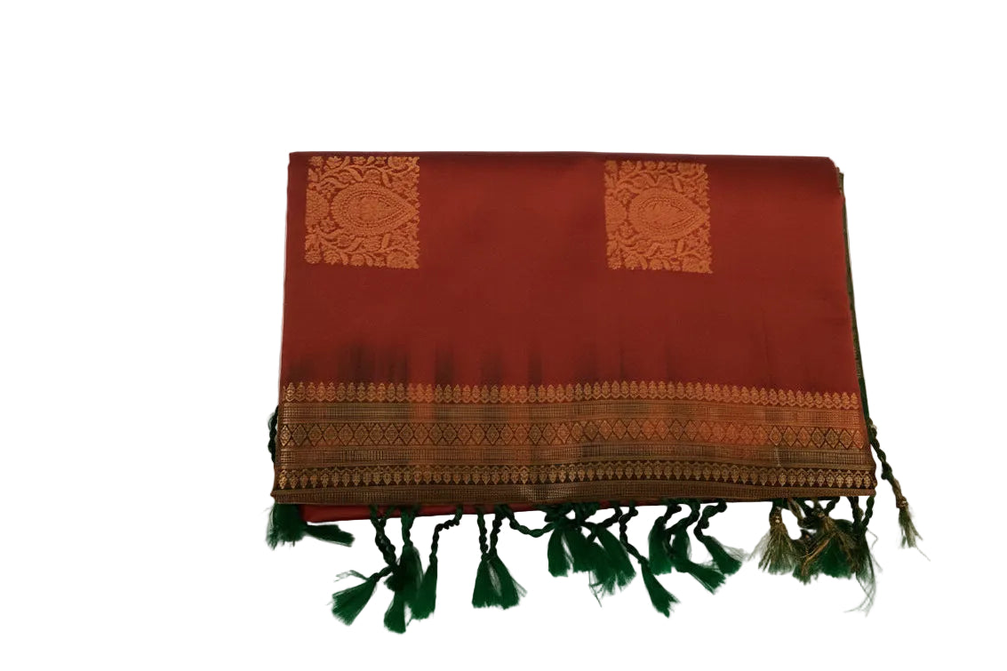 Brick Red Zari Saree With Forest Green Pallu Traditional Wear
