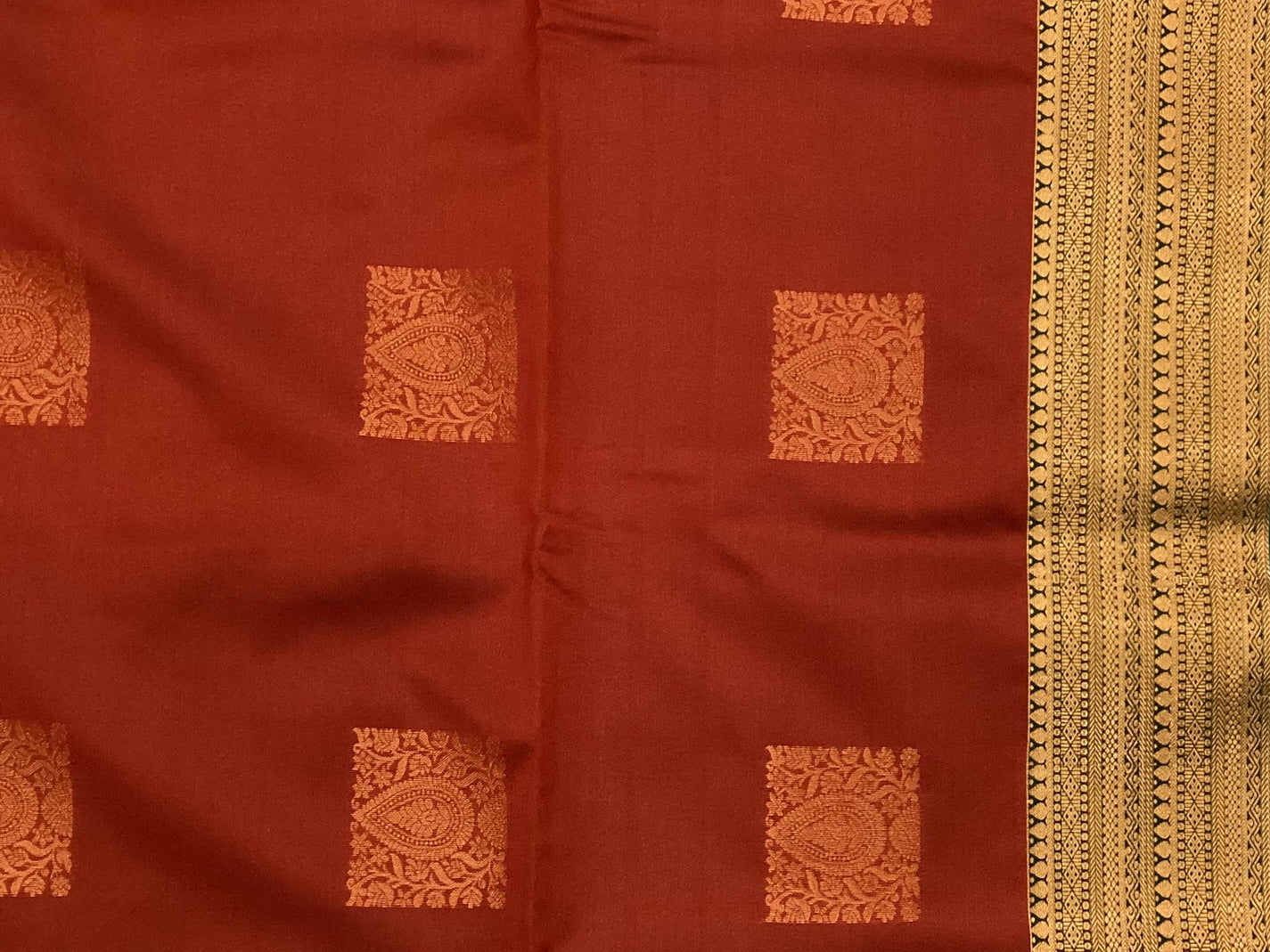 Brick Red Zari Saree With Forest Green Pallu Traditional Wear