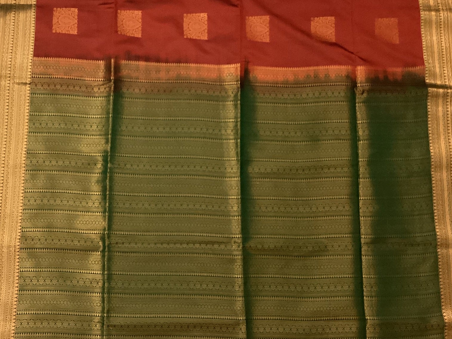 Brick Red Zari Saree With Forest Green Pallu Traditional Wear