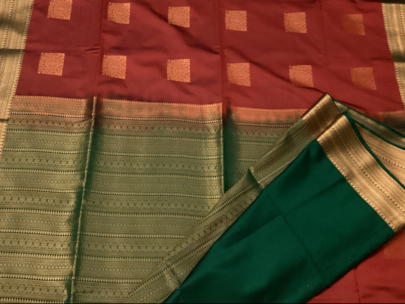 Brick Red Zari Saree With Forest Green Pallu Traditional Wear