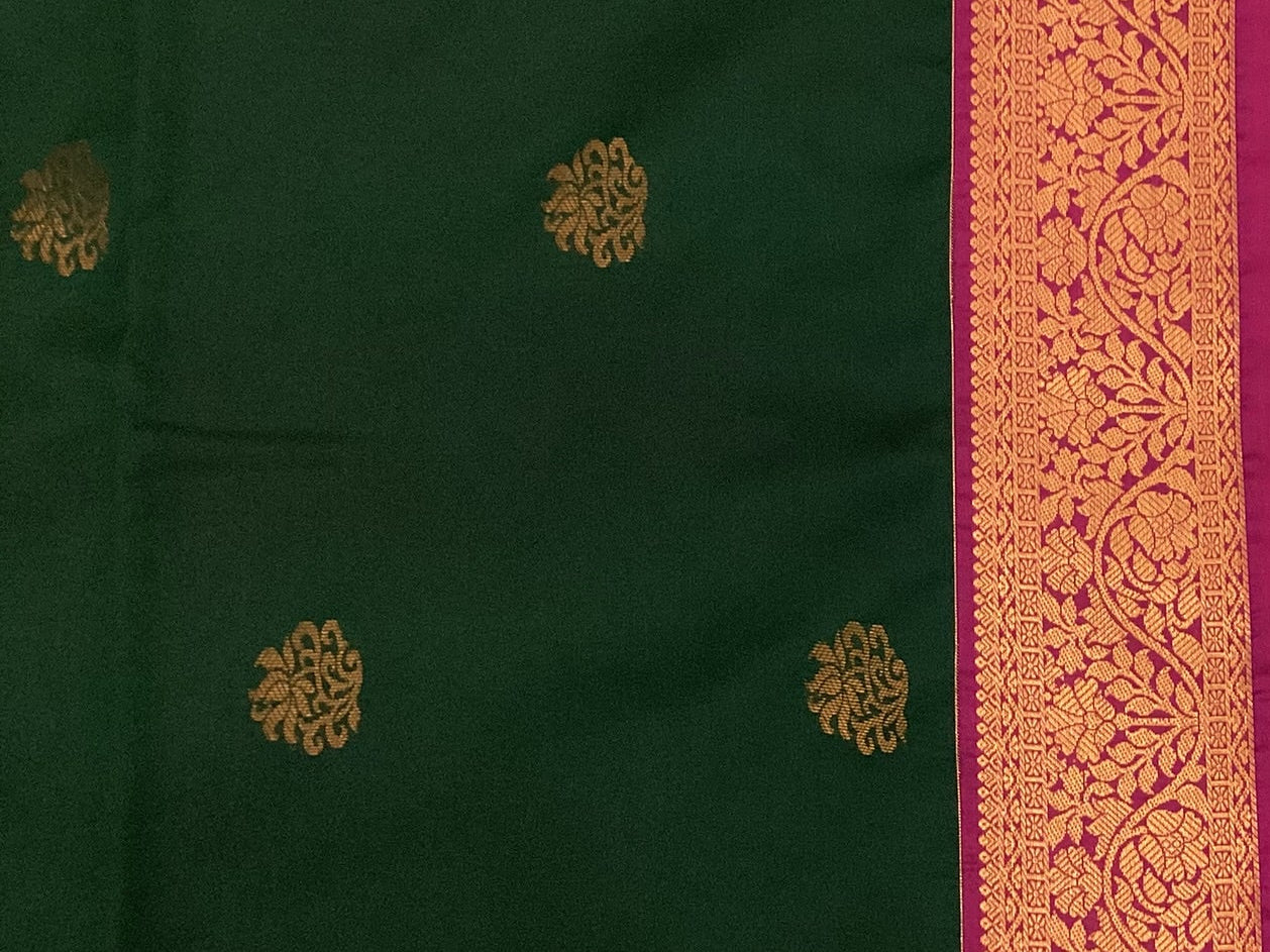 Deep Teal Fuchsia Silk Saree Antique Gold Buta Brocade Border