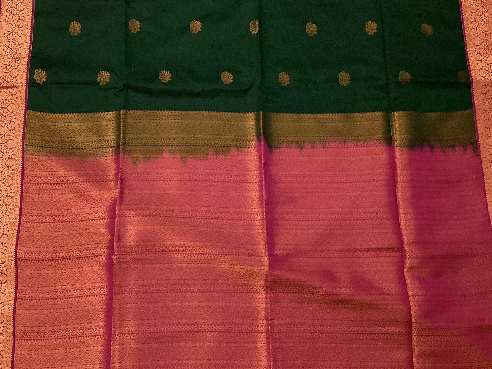 Deep Teal Fuchsia Silk Saree Antique Gold Buta Brocade Border
