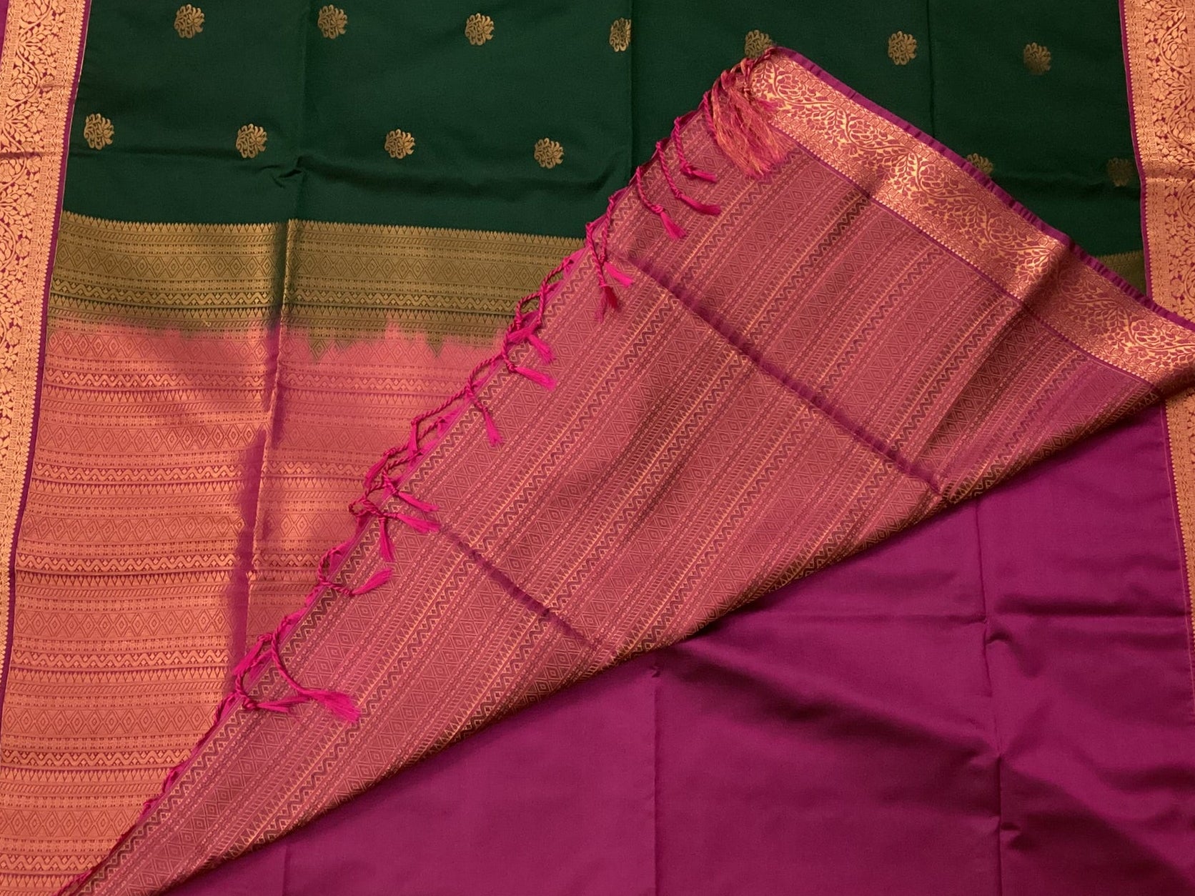 Deep Teal Fuchsia Silk Saree Antique Gold Buta Brocade Border