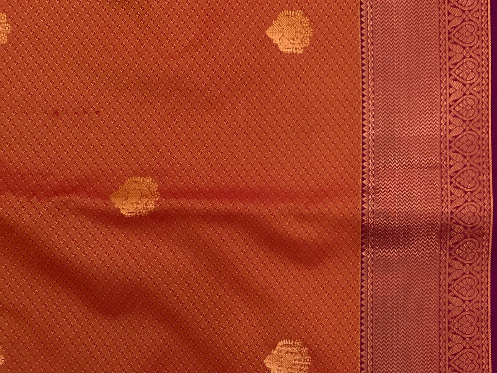 Rust Red Silk Saree Deep Violet Pallu Rose Gold Zari