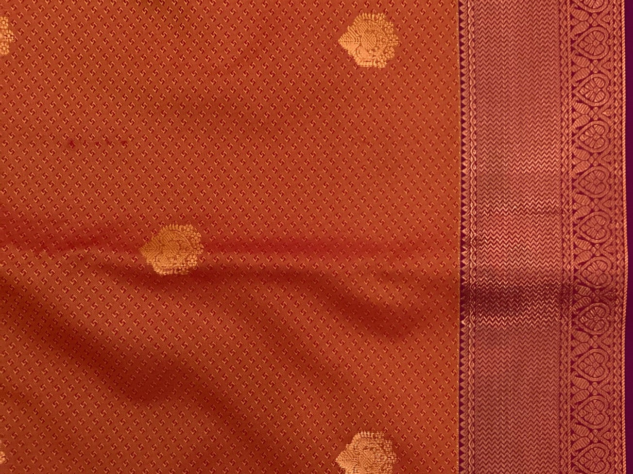 Rust Red Silk Saree Deep Violet Pallu Rose Gold Zari