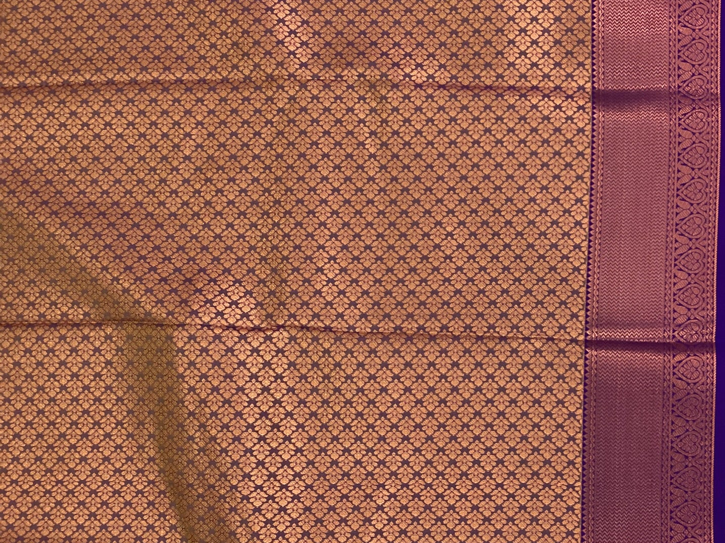 Rust Red Silk Saree Deep Violet Pallu Rose Gold Zari
