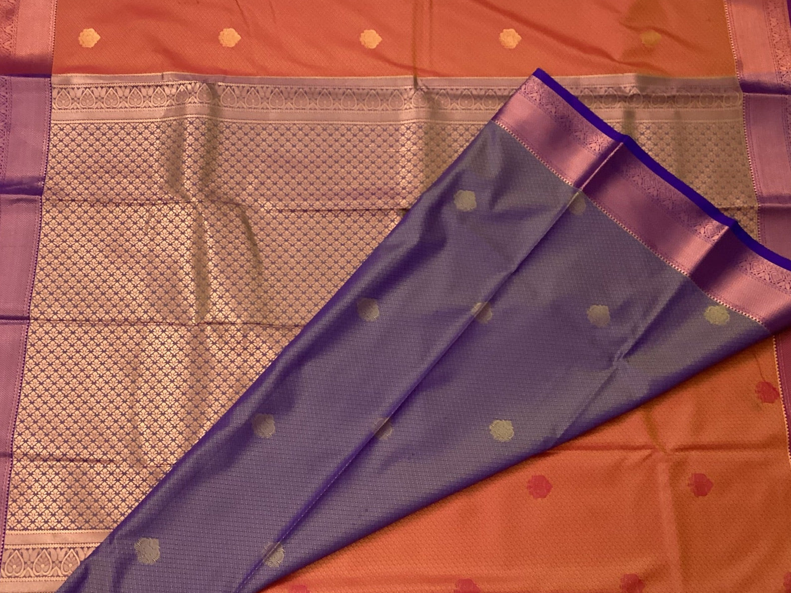 Rust Red Silk Saree Deep Violet Pallu Rose Gold Zari