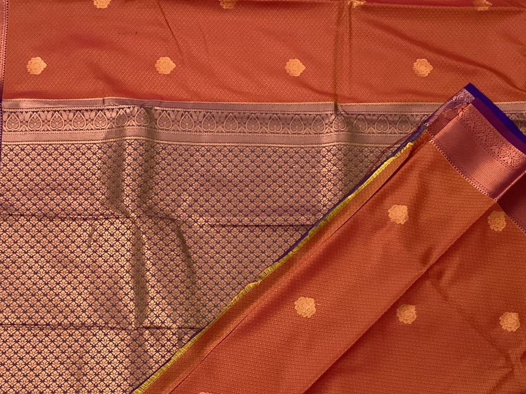 Rust Red Silk Saree Deep Violet Pallu Rose Gold Zari