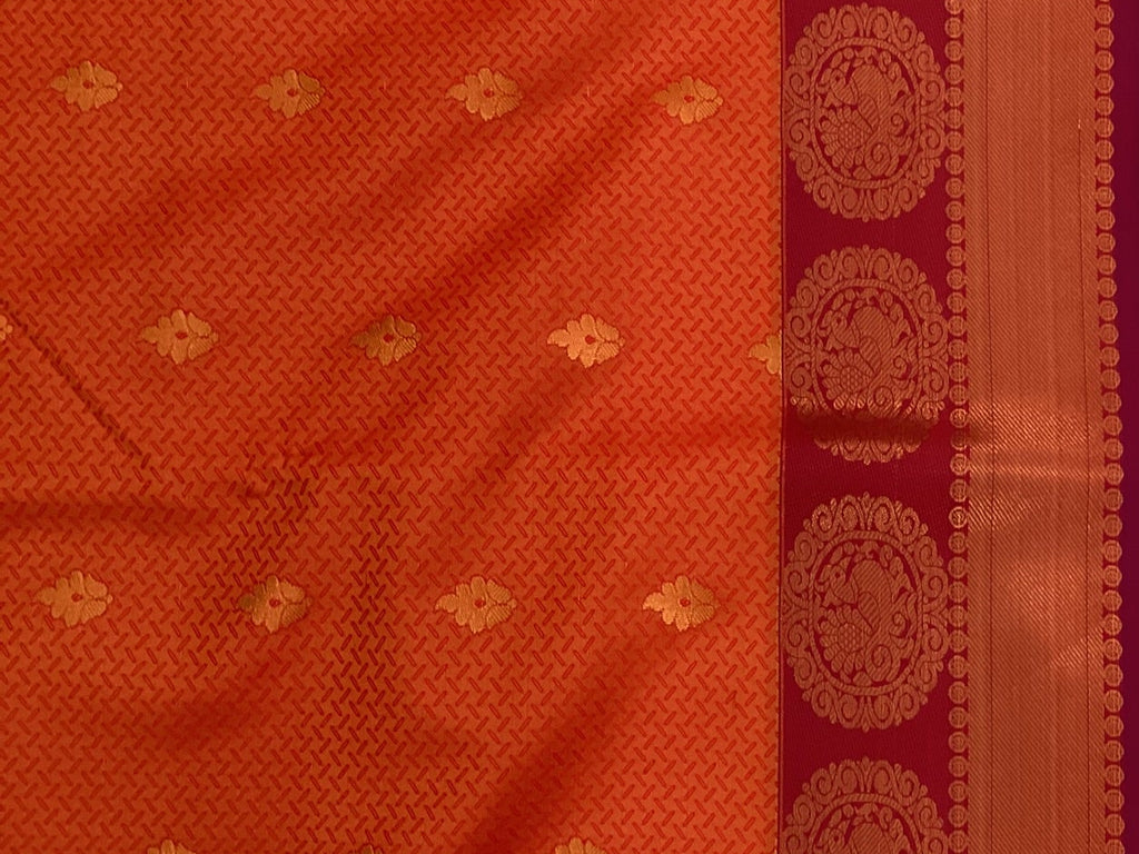 Traditional Saffron Orange Purple Silk Saree Gold Zari Medallion Border