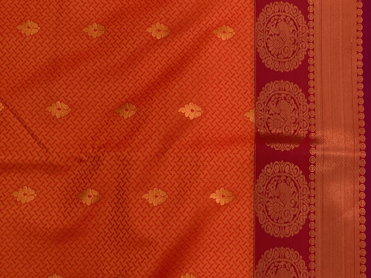Traditional Saffron Orange Purple Silk Saree Gold Zari Medallion Border