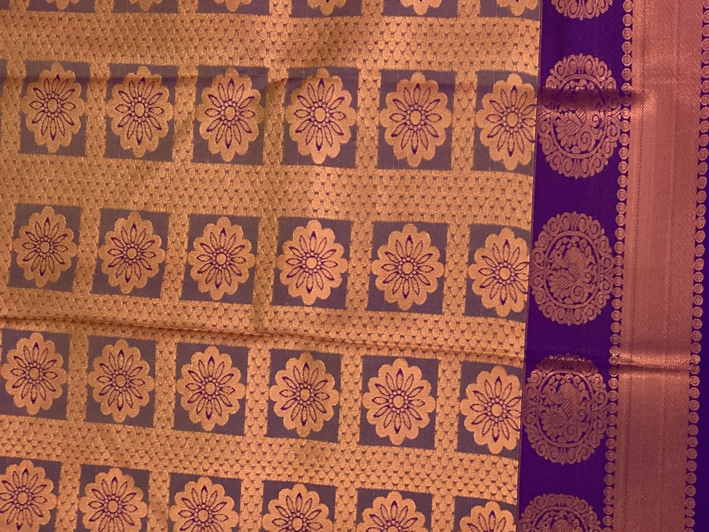 Traditional Saffron Orange Purple Silk Saree Gold Zari Medallion Border