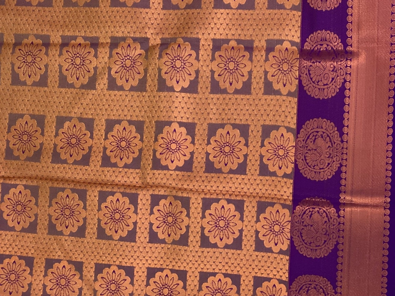 Traditional Saffron Orange Purple Silk Saree Gold Zari Medallion Border