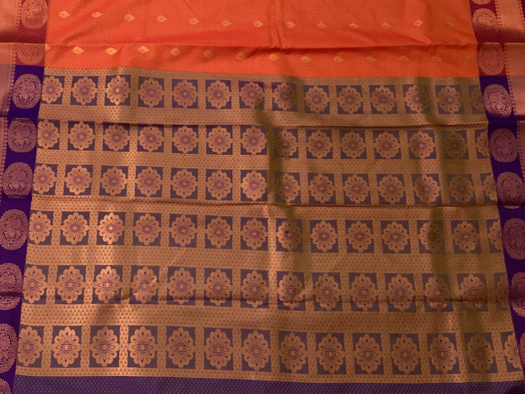 Traditional Saffron Orange Purple Silk Saree Gold Zari Medallion Border