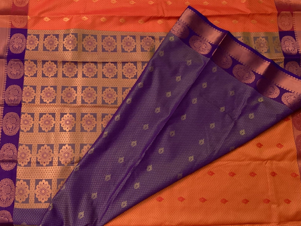 Traditional Saffron Orange Purple Silk Saree Gold Zari Medallion Border