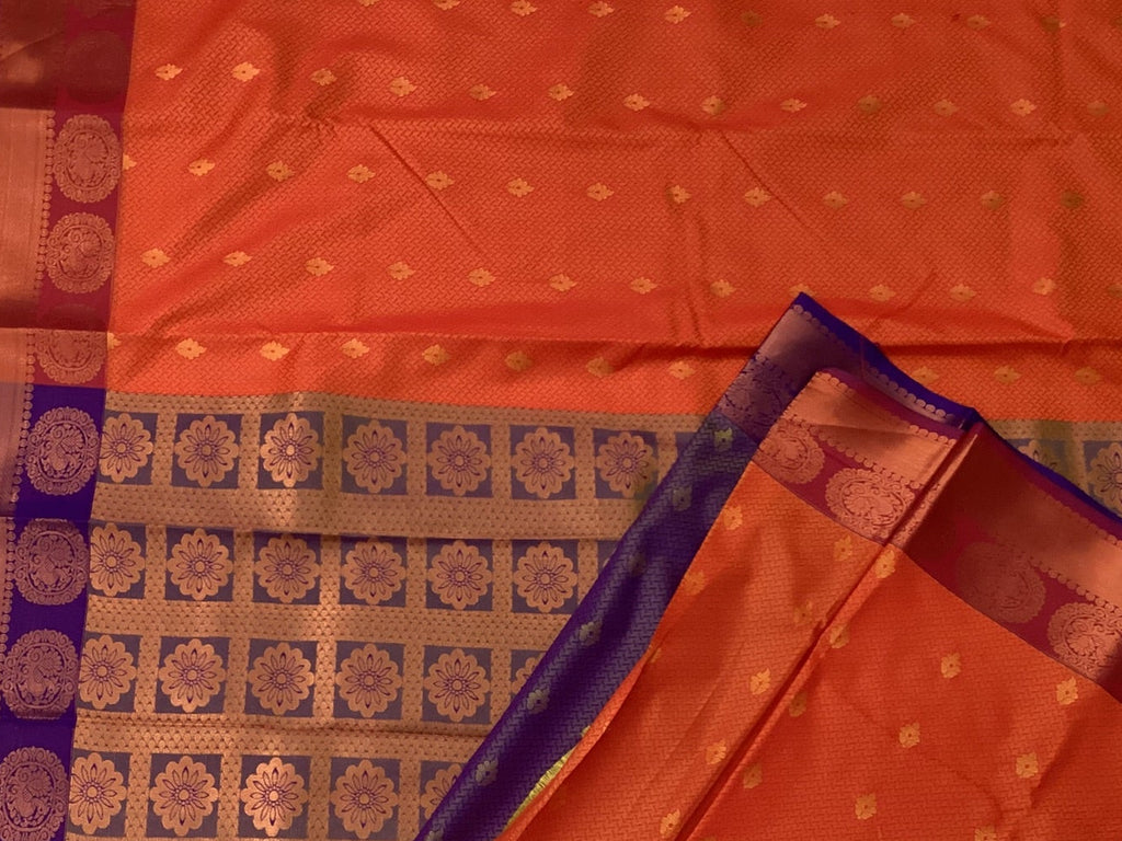Traditional Saffron Orange Purple Silk Saree Gold Zari Medallion Border