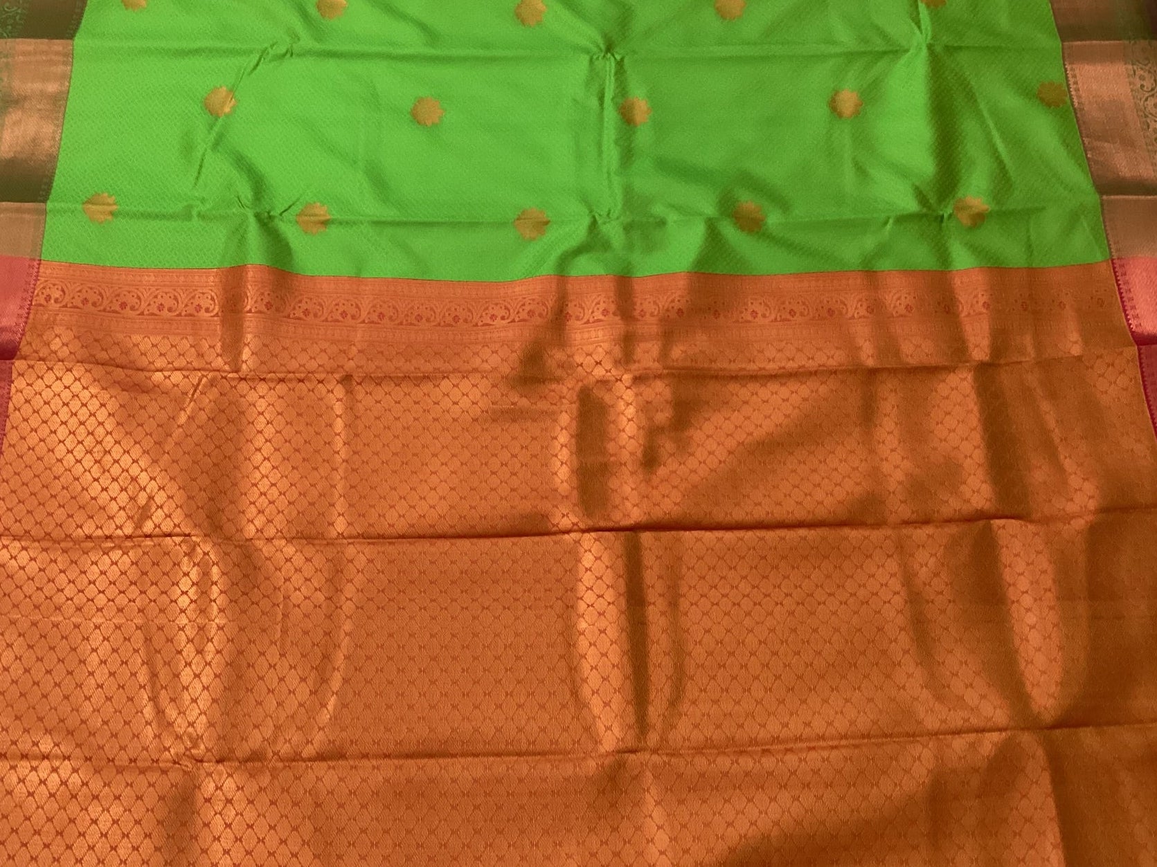 Emerald Green Saree Copper Orange Pallu Gold Zari Work