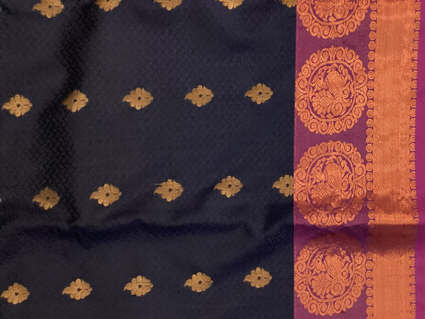 Navy Fuchsia Silk Saree Golden Brocade Pallu Medallion Border Traditional