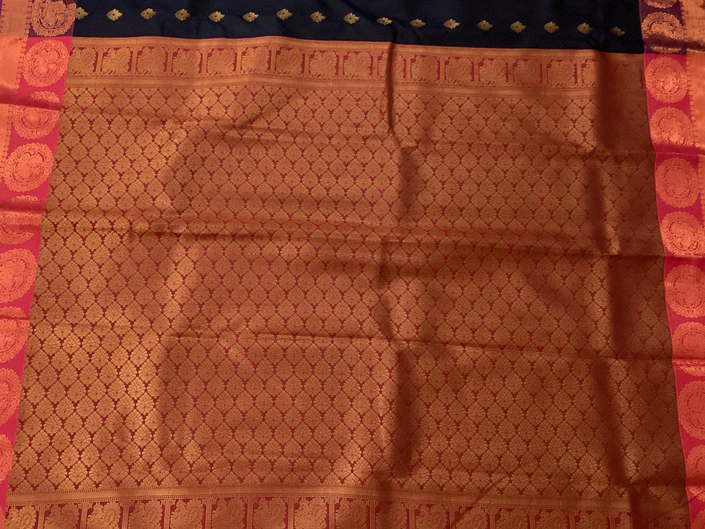 Navy Fuchsia Silk Saree Golden Brocade Pallu Medallion Border Traditional