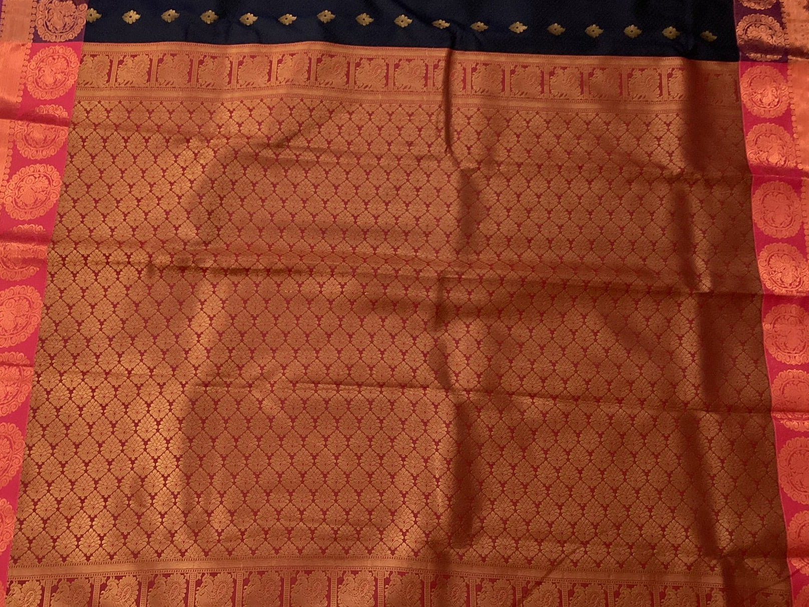 Navy Fuchsia Silk Saree Golden Brocade Pallu Medallion Border Traditional