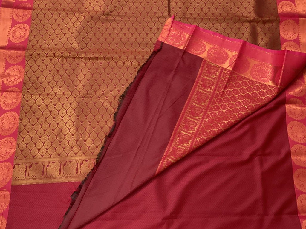 Navy Fuchsia Silk Saree Golden Brocade Pallu Medallion Border Traditional