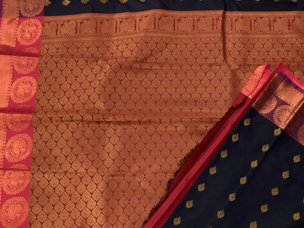 Navy Fuchsia Silk Saree Golden Brocade Pallu Medallion Border Traditional