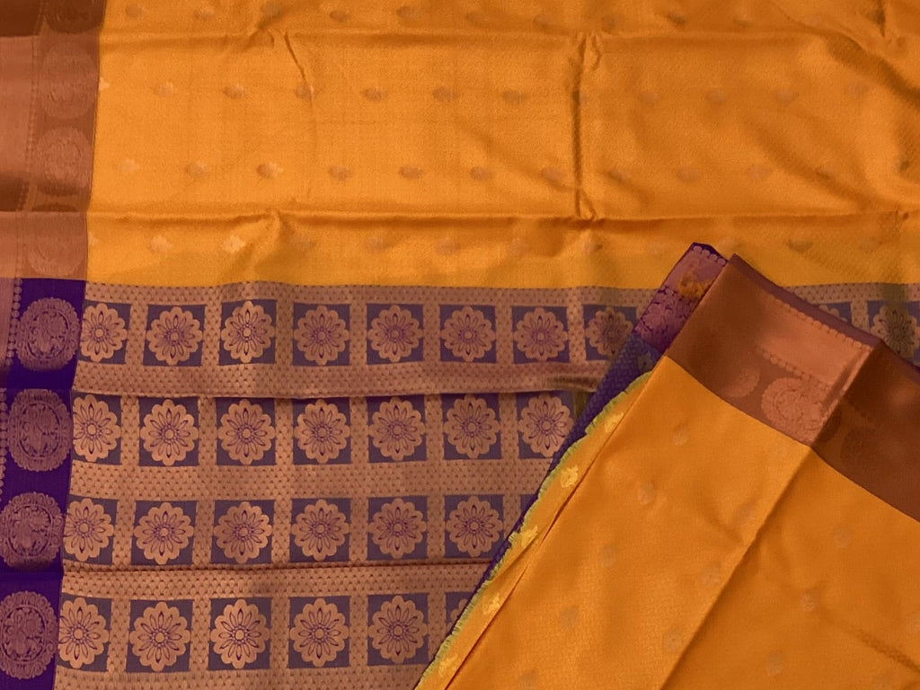 Saffron Orange Silk Saree with Royal Purple Zari Pallu Border