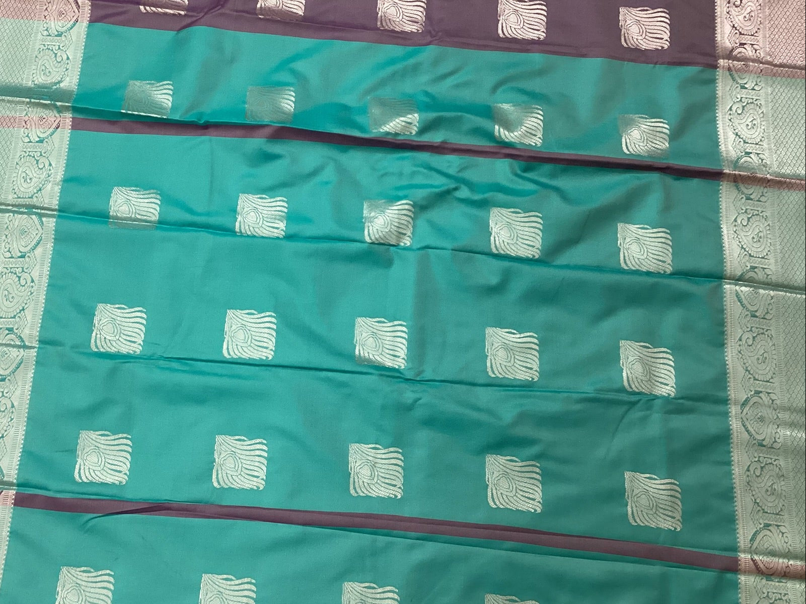Turquoise Plum Saree Silver Zari Square Buttas Paisley Border Elegant