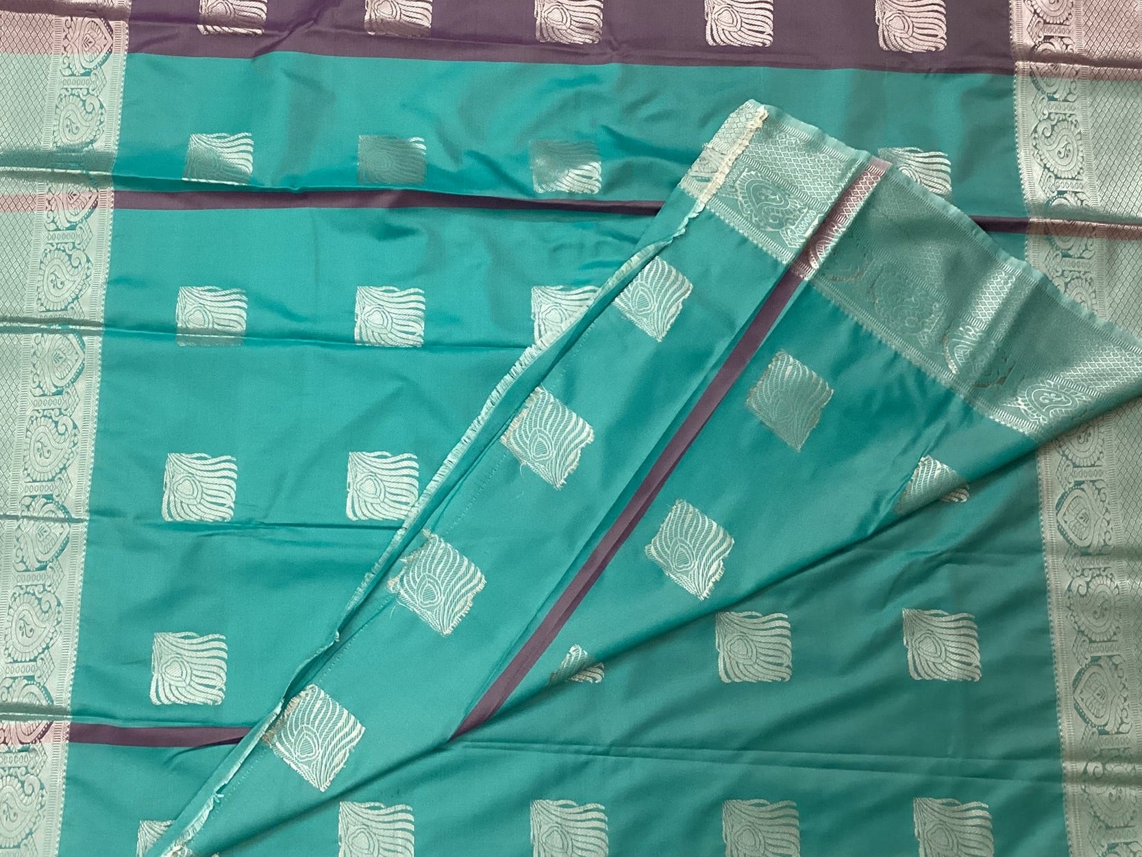 Turquoise Plum Saree Silver Zari Square Buttas Paisley Border Elegant