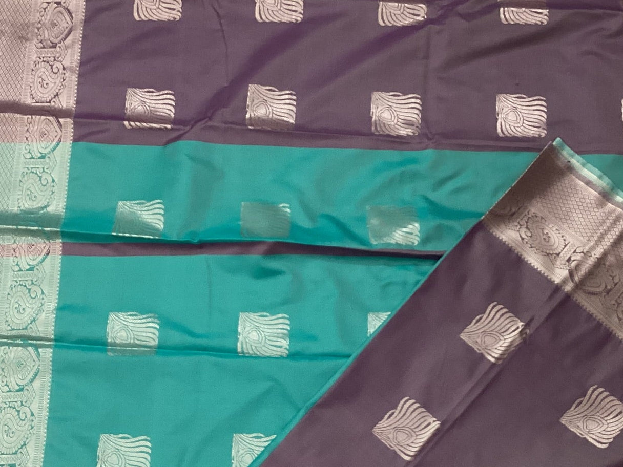 Turquoise Plum Saree Silver Zari Square Buttas Paisley Border Elegant
