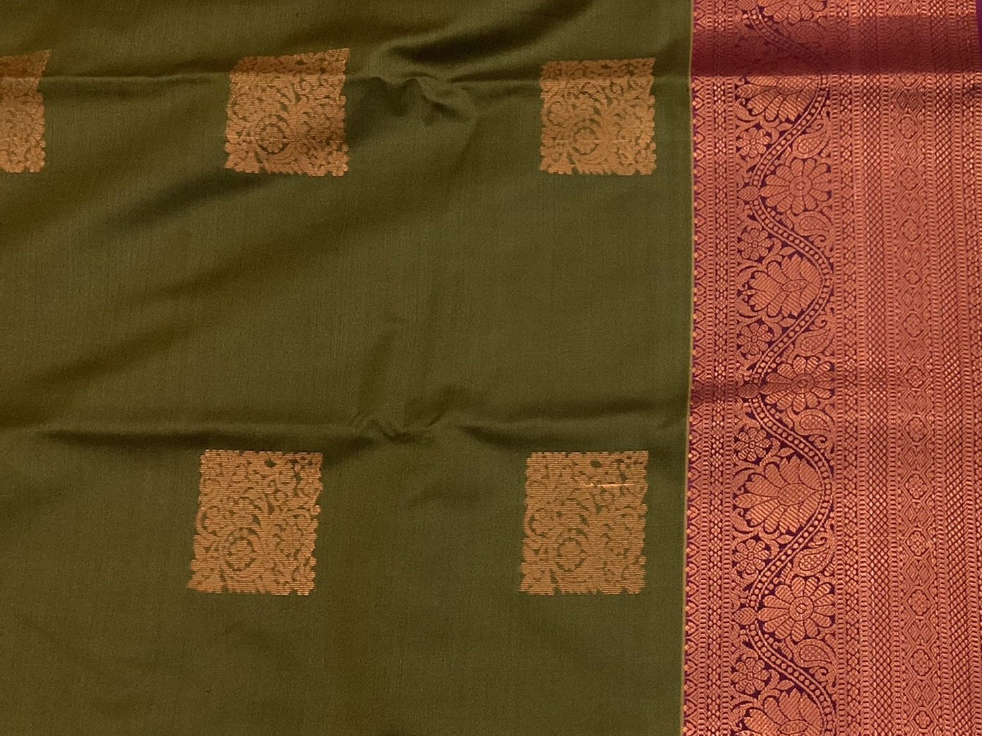 Olive Green Silk Saree Copper Motifs Coral Pallu Magenta Border