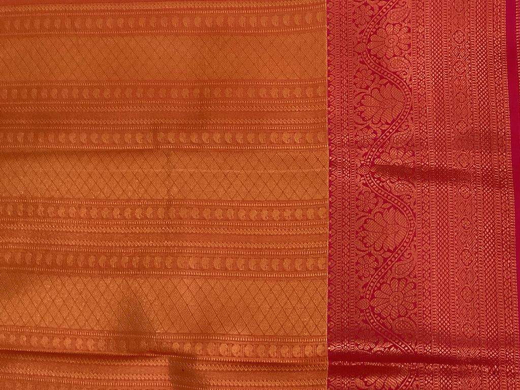 Olive Green Silk Saree Copper Motifs Coral Pallu Magenta Border