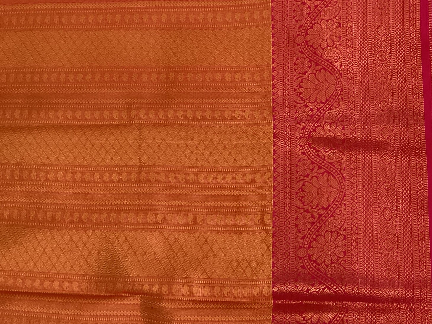 Olive Green Silk Saree Copper Motifs Coral Pallu Magenta Border